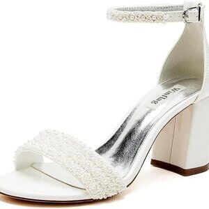 Women’s Ivory Block Heel Wedding Sandals Beaded Bridal Shoes Ankle Strap